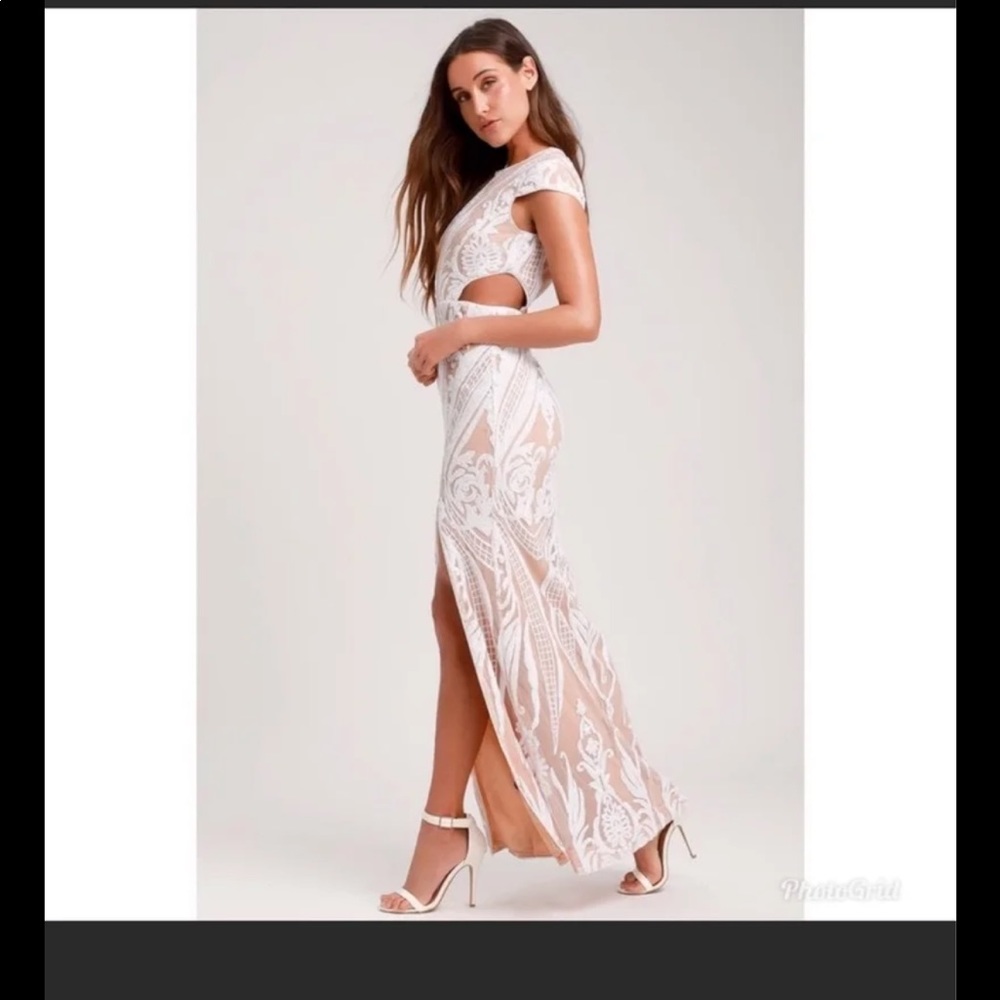 Emily white and nude sequins cutout maxi dress